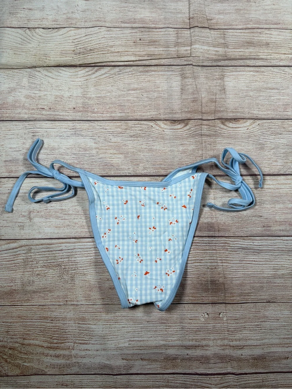 Frankie’s Bikinis x‎ VS Pink Light Blue Gingham Floral Tie-Side Bikini Bottom